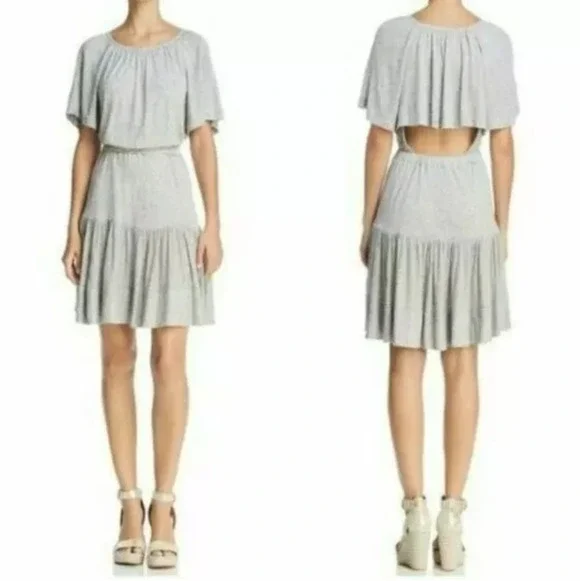 Rebecca Taylor Open Back Ruffle Grey Melange Jersey Short Flax Dress Size XS - Picture 1 of 16